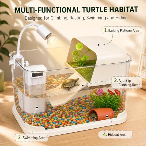Baby Turtle Tank Starter Kit with UVA/UVB Lamp and Water Filter | Clear PC habitat with cream-white base, textured climbing ramp, ceramic hideout, four plants, grass mat and cleaning sponge