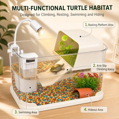 Baby Turtle Tank Starter Kit with UVA/UVB Lamp and Water Filter | Clear PC habitat with cream-white base, textured climbing ramp, ceramic hideout, four plants, grass mat and cleaning sponge
