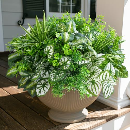 Starttag Artificial Bunches Greenery Plants Fake Plastic Leaves with Stems UV Resistant Outside Faux Plants Bushes for Outdoor Patio Garden Front Porch Yard Decor - color: Green20pcs