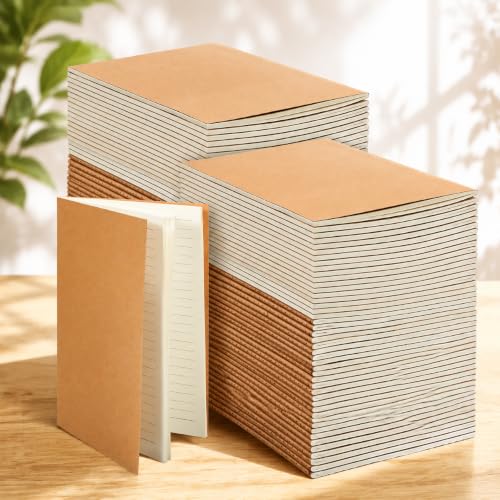 100 Pcs Journals Notebooks Bulk - Kraft Softcover A5 Small Notebooks 5.5 Inch x 8.3 Inch Notepads with 60 Page 30 Sheet for Writing Sketch Travel Office Supplies(Brown,Lined) - color: Brown, style: Lined