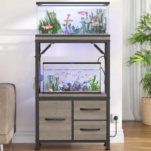 Heybly 5-10Gal Fish Tank Stand with Drawer, Power Outlet,200lbs HAS002SSG-1 | Aquarium Stand,Heavy Duty Metal Frame for Fish Tank, Turtle & Reptile Terrarium, 20.5" × 10.2" Top, Rustic Gray - color: Greige, size: 5-10 gal