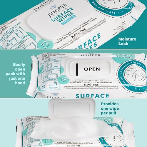 Juniper CLEAN 24 Pack Surface Cleaning Wipes Bleach Free, All-Purpose Cleaner for Bathroom, Kitchen, Office, 1728 Count Soft Flow, Fresh Scent, Bleach Free, Lint Free, Durable - size: 72 Count (Pack of 24)