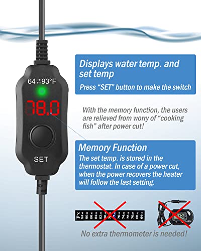 AquaMiracle Aquarium Heater 300W Fish Tank Heater for 40-60 Gal Tanks, LED Digital Display Thermostat Turtle Heater with Out-of-Water Auto Shut-Off, Overheat Protection & Memory Function - size: For 40-60 Gal Tank