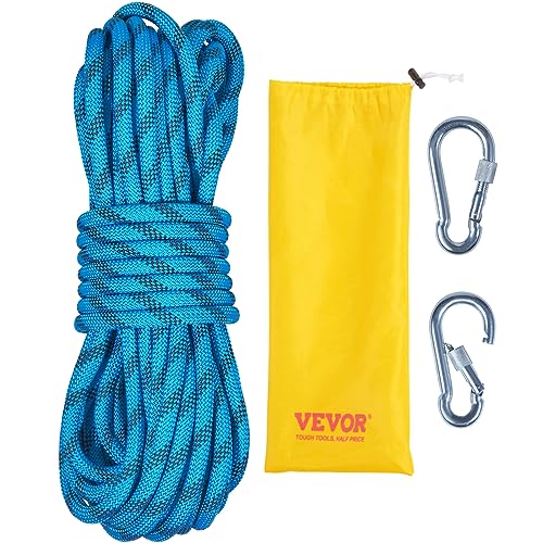 VEVOR Static Climbing Rope, 32 ft Outdoor Rock Climbing Rope with 26KN Breaking Tension, 0.4'' /10 mm High Strength Safety Rope, Escape Rope with 2pcs Carabiner and Storage Bag - size: 32 ft