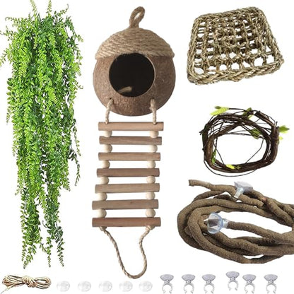 5 PCS Gecko Tank Accessories,Gecko Coconut Hide with Ladder Reptile Terrarium Plants Hammock Climbing Flexible Jungle Vine Tank Decor for Crested Gecko,Baby Bearded Dragon,Chameleon,Snake - style: 【Style C】