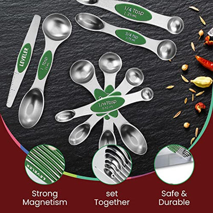 Magnetic Measuring Spoons Set of 9 Stainless Steel Dual-Sided Stackable Measuring Spoon Nesting Teaspoons Measuring Dry and Liquid Ingredients, Fits in Spice Jars Set of 9 (Green) - color: Green