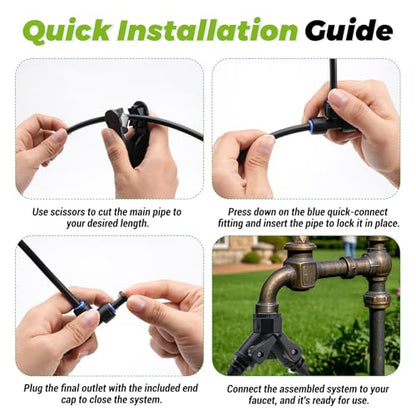 200 Ft 1/4 Inch Drip Irrigation System with 32 Copper Nozzles | Complete watering kit includes 32 adjustable copper sprayers, tubing, fittings, stakes, filters and quick-connect parts.