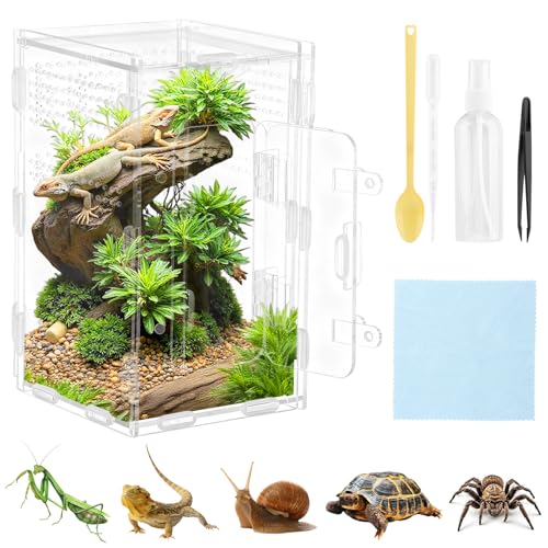 Acrylic Spider Enclosure, Jumping Spider Terrarium 4.7x4.7x7.9in | Dual access doors and micro-vent holes for feeding, misting, cleaning, and airflow