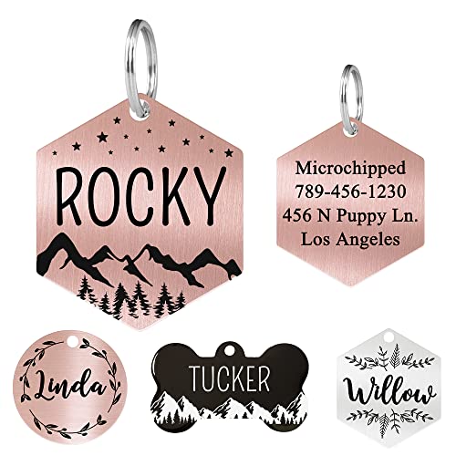 Stainless Steel Pet ID Customized Personalized, Front and Back Engraving, Hexagon Mountain Design, Rose Small - color: Rose-hexagon-mountain, size: Small
