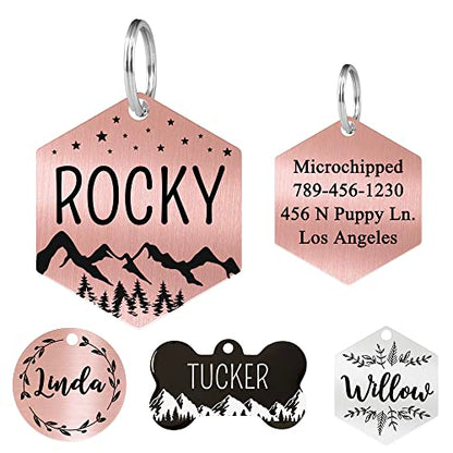 Stainless Steel Pet ID Customized Personalized, Front and Back Engraving, Hexagon Mountain Design, Rose Small - color: Rose-hexagon-mountain, size: Small