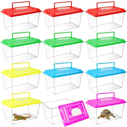 12Pcs Plastic Reptile Terrariums Carrier Cage, Tarantula Enclosure Breeding Box Hatching Container Transparent Fish Tank Turtle Aquarium with Random Color Lid for Lizards, XL(10.6" x 6.7" x 5.9") - size: XL