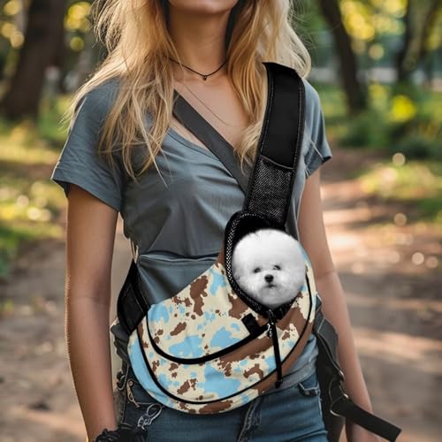COEQINE Hands-Free Brown Blue Cow Print Pet Crossbody Purse for Women Walking Hide Abstract Front View Cat Carrier Sling Adjustable Strap Small Cats Dogs Outdoor Adventure - color: Brown Blue Cow Print