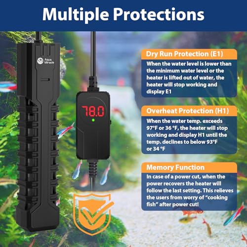 AquaMiracle Submersible Aquarium Heater with LED Digital Temp Display, Fish Tank Heater with Dry-Run & Over-Temp Protection, for Freshwater Saltwater Aquariums(200W/20-40Gal) - size: For 20-40 Gal Tank