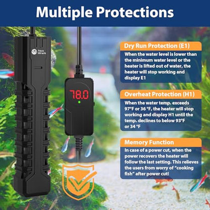AquaMiracle Submersible Aquarium Heater with LED Digital Temp Display, Fish Tank Heater with Dry-Run & Over-Temp Protection, for Freshwater Saltwater Aquariums(200W/20-40Gal) - size: For 20-40 Gal Tank