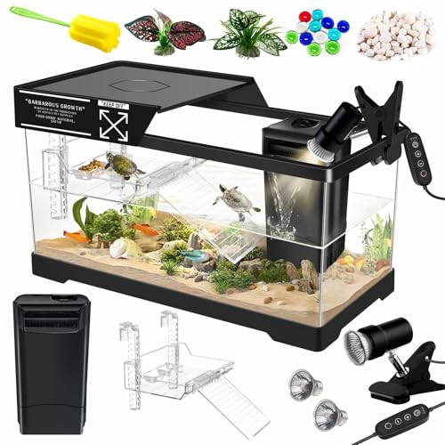 GOZILLA Aquatic Turtle Tank Kit+Lamp+Filter, Upgrade PC Turtle Tank Starter Kit with Adjustable Lamp & Filter,Reptile Habitat with Lid,Hanging Platform for Small Reptiles.(19.68×9.52×9.44''/Black Kit) - color: Large-Black-KIT