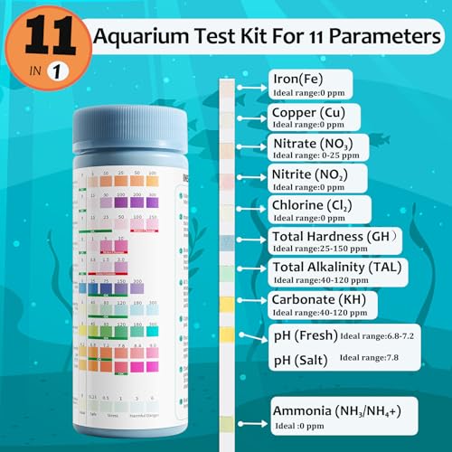 Aquarium Water Test Kit 11 in 1,100 Counts Ammonia Aquarium Test Kits Fish Tank Test Strips Freshwater & Saltwater pH Testing Strips for Ammonia,