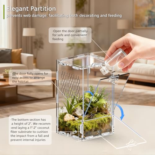 Jumping Spider Enclosure, Front-Opening Acrylic Spider Terrarium with Magnetic Door, Laser-Cut Biomimetic Ventilation System, Escape-Proof for Feeder Insects - size: 4.3"x4.3"x7.8"