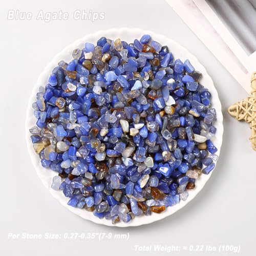 Erliway 7-9mm Blue Agate Healing Crystal Chips for Crafts, 100g | Natural Crushed Crystal Stones Tumbled Chips for Vase Filler Aquarium Gravel, Meditation Chakra Balancing, Candle DIY Making - color: Blue Agate