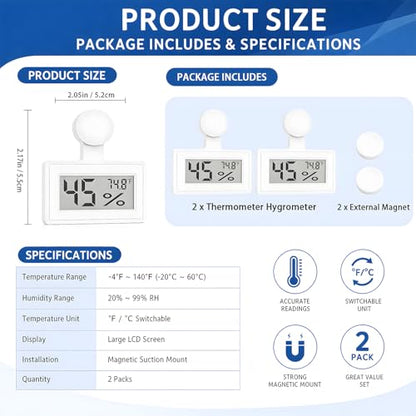 2 Pack Magnetic Reptile Thermometer Hygrometer,Fast-Read °F/°C Digital Temp&Humidity Gauge for Terrarium Tank Enclosure,for Bearded Dragon,Gecko,Snake, Tortoise,Hermit Crab,Jumping Spider (White) - color: White