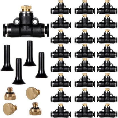 24 Pack Brass Misting Nozzles Outdoor Cooling System | Include 24 Heavy Duty Mister Nozzle,24 Tees,4 Brass Plugs,4 Black Plugs for Outdoor Cooling System - size: 24pc-Brass Misting Nozzles kit
