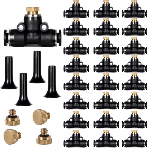 24 Pack Brass Misting Nozzles Outdoor Cooling System | Include 24 Heavy Duty Mister Nozzle,24 Tees,4 Brass Plugs,4 Black Plugs for Outdoor Cooling System - size: 24pc-Brass Misting Nozzles kit