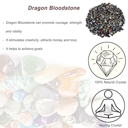 Erliway 7-9mm Dragon Bloodstone Healing Crystal Chips for Crafts, 100g | Natural Crushed Crystal Stones Tumbled Chips for Vase Filler Aquarium Gravel, Meditation Chakra Balancing, Candle DIY Making - color: Dragon Bloodstone