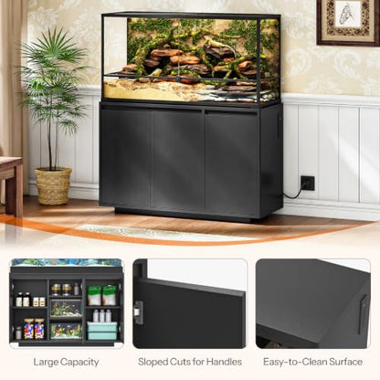 HOOBRO 55-75 Gal Reptile Tank Stand with Power Outlets, Wooden Fish Tank Stand with Cabinet Storage for Living Room, Heavy Duty Terrarium Enclosure for Snakes, Lizards, Geckos, Black BK11UAC03