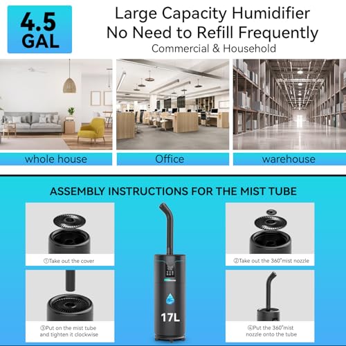 Humidifiers for Large Room Home Bedroom 2000 sq.ft. 17L/4.5Gal Large Humidifier with Extension Tube & 4 Speed Mist,Top Fill Wholehouse Humidifier with 360°Nozzle for Plant Commercial Greenhouse(Black) - color: Black