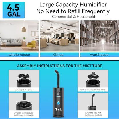 Humidifiers for Large Room Home Bedroom 2000 sq.ft. 17L/4.5Gal Large Humidifier with Extension Tube & 4 Speed Mist,Top Fill Wholehouse Humidifier with 360°Nozzle for Plant Commercial Greenhouse(Black) - color: Black