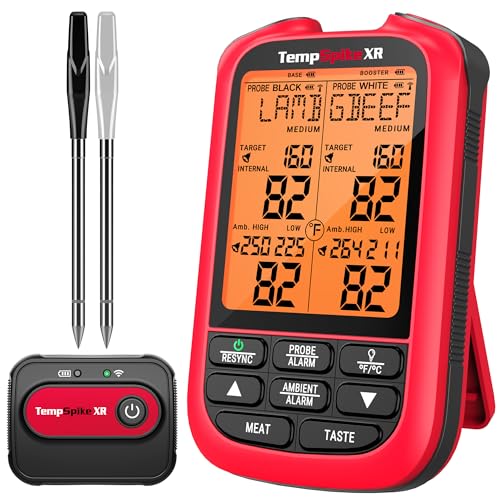 TempPro TempSpike Wireless Meat Thermometer Digital with 2 Probes | 2000FT Range, Ultra-Thin Meat Probe, Temperature Alarm For Smoker, BBQ, Grill, Turkey, Previously ThermoPro - style: 2000ft Red