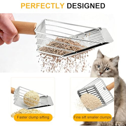 Cat Litter Scoop with Holder, Heavy Duty Stainless Steel Kitty Scooper | with Coarse and Fine Mesh, Includes Broom and Dustpan Set, Quick Sift and Easy Clean, Gray - color: Gray