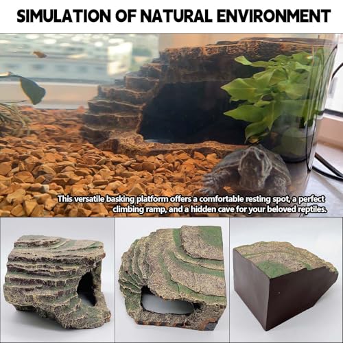 kathson Small Turtles Basking Platform,Resin Reptile Hideouts Cave Habitat Decor,Tortoise Hide Cave with Climbing Ramp Step,Bearded Dragons Hide Basking Rocks Accessories for Lizard,Gecko,Frog