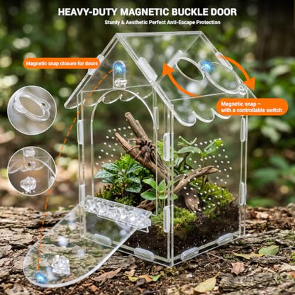 Jumping Spider Enclosure Acrylic Terrarium with Magnetic Lock, Feeding Port | Ventilation，Accessories Included，360° Clear View，Easy to Assemble，Ideal for Mantises Tarantulas Snails