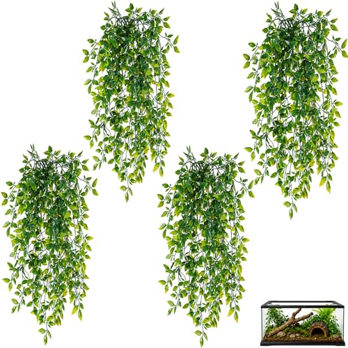 Mechpia 4 Pieces Reptile Plants, Terrarium Snake Hanging Plants Vines Decor Artificial Leaves Tank Accessories for Bearded Dragon Crested Gecko Snake Chameleon - color: 4 Pack