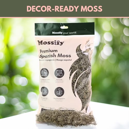 Mossify Spanish Moss, 150g 5.3Oz, Natural Dried Preserved | Plants, Indoor & Outdoor, Crafts, Terrariums, Floral Arrangements, Garden & Home Décor, Humidity Retaining - size: 150g (5.3Oz)