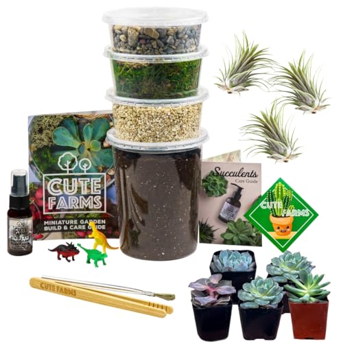 Cute Farms Terrarium Starter Kit | Moss, Vermiculite, Soil, Pebbles, Plant Food, & Finishing Tools (Large + 8 Live Plants) - size: Large Kit + 8 Live Plants