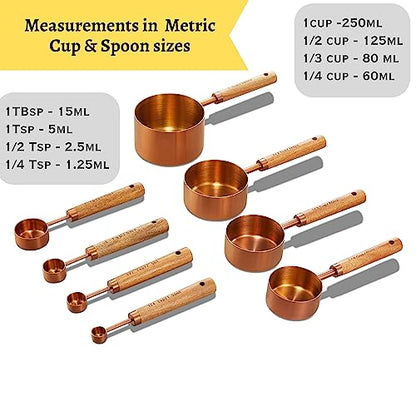 Copper Stainless Steel Measuring Cups and Spoons Set of 8, Wooden Handle with US and Metric Measurements