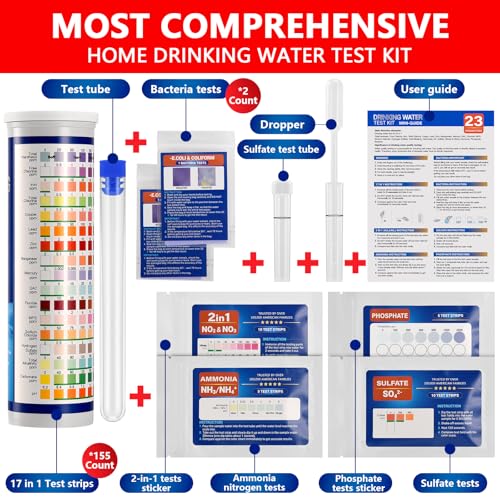 Water Test Kit for Drinking Water, 23-in-1 Water Test Strips for Tap & Well Water, Tests Hardness, Lead, Iron, Copper, Chlorine, Fluoride, pH, Nitrate & More, Fast Home Water Testing, 155 Strips