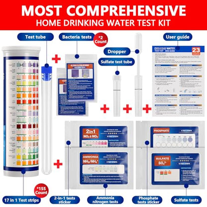 Water Test Kit for Drinking Water, 23-in-1 Water Test Strips for Tap & Well Water, Tests Hardness, Lead, Iron, Copper, Chlorine, Fluoride, pH, Nitrate & More, Fast Home Water Testing, 155 Strips