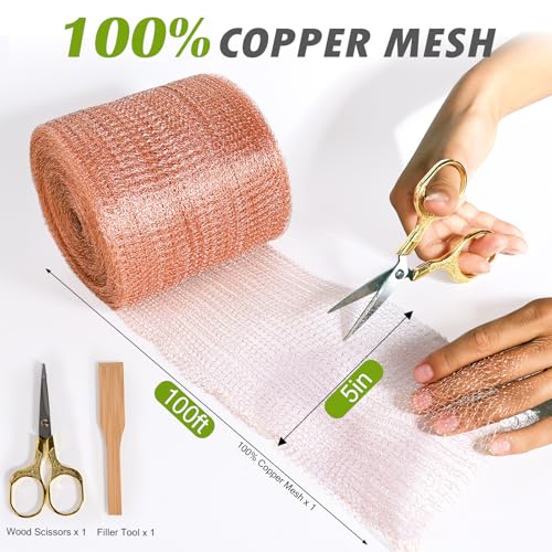 5" x 100 ft Copper Mesh Rodent Control Copper Wool for Slug Mice Snail Pest | Copper Mesh for Mice Pest Snail Bat Control Copper Steel Wool for Weep Hole Covers Blocks Gap Rodent Mesh Scissors Included - size: 5 inx100 ft
