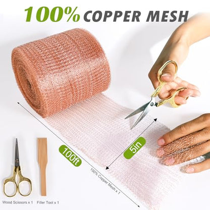 5" x 100 ft Copper Mesh Rodent Control Copper Wool for Slug Mice Snail Pest | Copper Mesh for Mice Pest Snail Bat Control Copper Steel Wool for Weep Hole Covers Blocks Gap Rodent Mesh Scissors Included - size: 5 inx100 ft