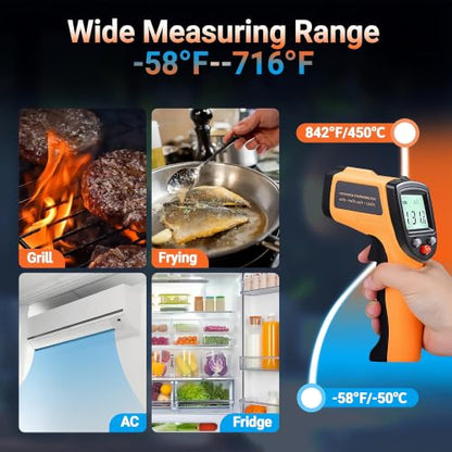 Digital Infrared Thermometer Gun for Cooking,BBQ,Pizza Oven, Infrared Thermometer Laser with Backlight,-58℉~712℉(-50℃~380℃) Handheld Non Contact Heat Laser Temperature Gun (Not for Human) - color: Orange