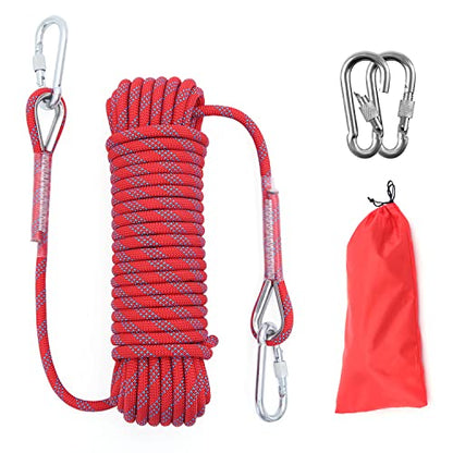 10mm/12mm (32FT/64FT) Climbing Rope, Outdoor Static Rock Climbing Rope, Tree Climbing Rappelling Rope, Escape Nylon Rope, Ice Climbing Equipment Fire Rescue Parachute Rope with 2 Steel Hooks - color: Red, size: 10mm/32ft