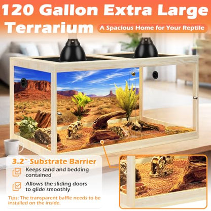 120 Gallon Bearded Dragon Tank, 4x2x2 Reptile Enclosure with Tempered Glass Sliding Doors, Lockable Front Opening and Metal Mesh Top, Large Terrarium for Lizards and Snakes, Oak - color: Oak