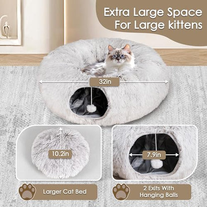Peekaboo Cat Cave with Washable Mat, Collapsible Cat Play Tunnel for Kittens & Small Pets, Plush Cat Donut Bed Tunnel, Brown - color: brown