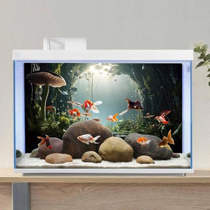 AWERT 48x24 inches Aquarium Background Foggy Stone Mushroom Moss Terrarium Background Polyester Green Plants Cave Fish Tank Background - size: 48x24in/120x60cm