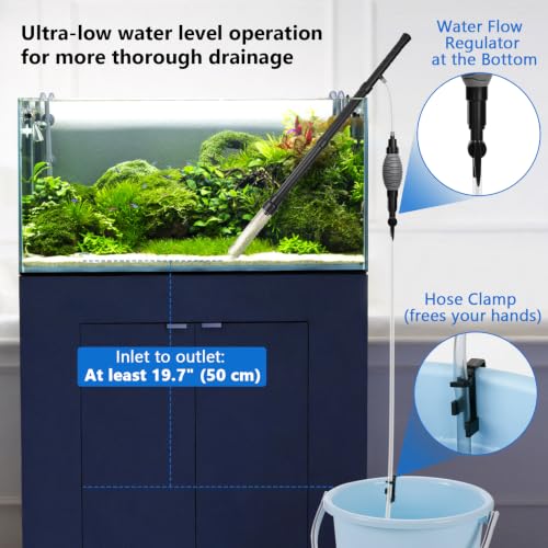 AQQA Gravel Vacuum for Aquarium Siphon - Adjustable Flow Fish Tank Cleaner with Handle, Manual Siphon Pump Water Changer Sand Rock Suction Cleaner, Upgraded Hard Hose with Threaded Connection (S) - size: S for tanks under 17" deep