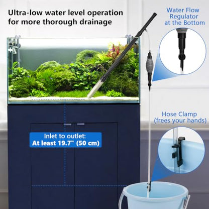 AQQA Gravel Vacuum for Aquarium Siphon - Adjustable Flow Fish Tank Cleaner with Handle, Manual Siphon Pump Water Changer Sand Rock Suction Cleaner, Upgraded Hard Hose with Threaded Connection (S) - size: S for tanks under 17" deep
