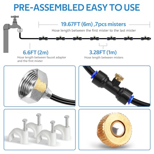 Misting Cooling System, 26FT (8M) Misting Line + 7 Brass Mist Nozzles + Brass Adapter(3/4") Outdoor Mister for Patio Backyard Garden Greenhouse - size: 26FT / 8M