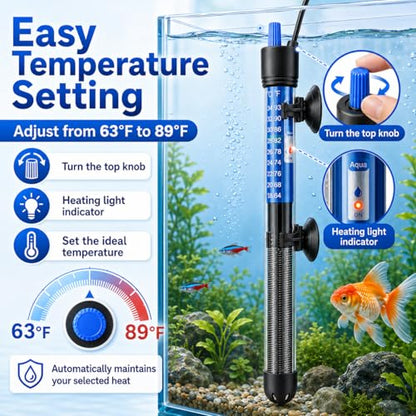 Mylivell Fish Tank Aquarium Heater - Adjustable Submersible 200W Aquarium Heater with Thermostat for 40-65 Gallon Betta, Turtle, Saltwater and Freshwater Tanks